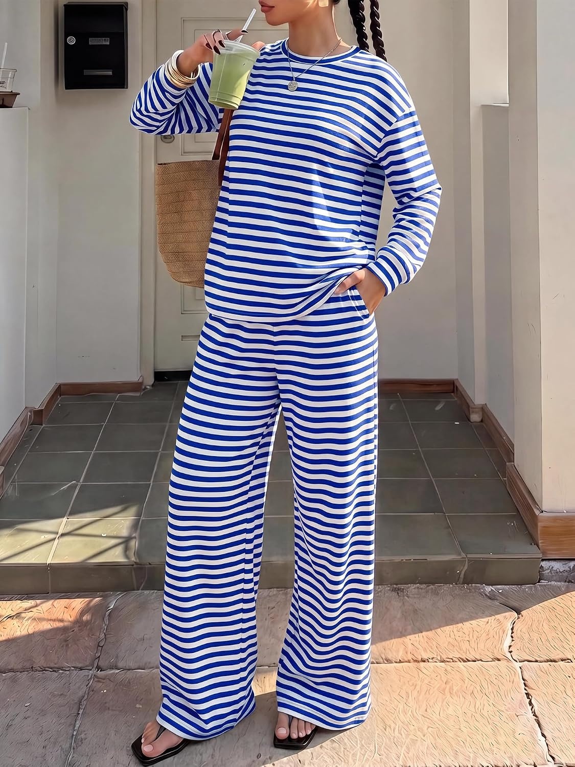 image:imageBTFBM Striped Lounge Set Women 2 Piece Outfit TracksuitWhite Blue