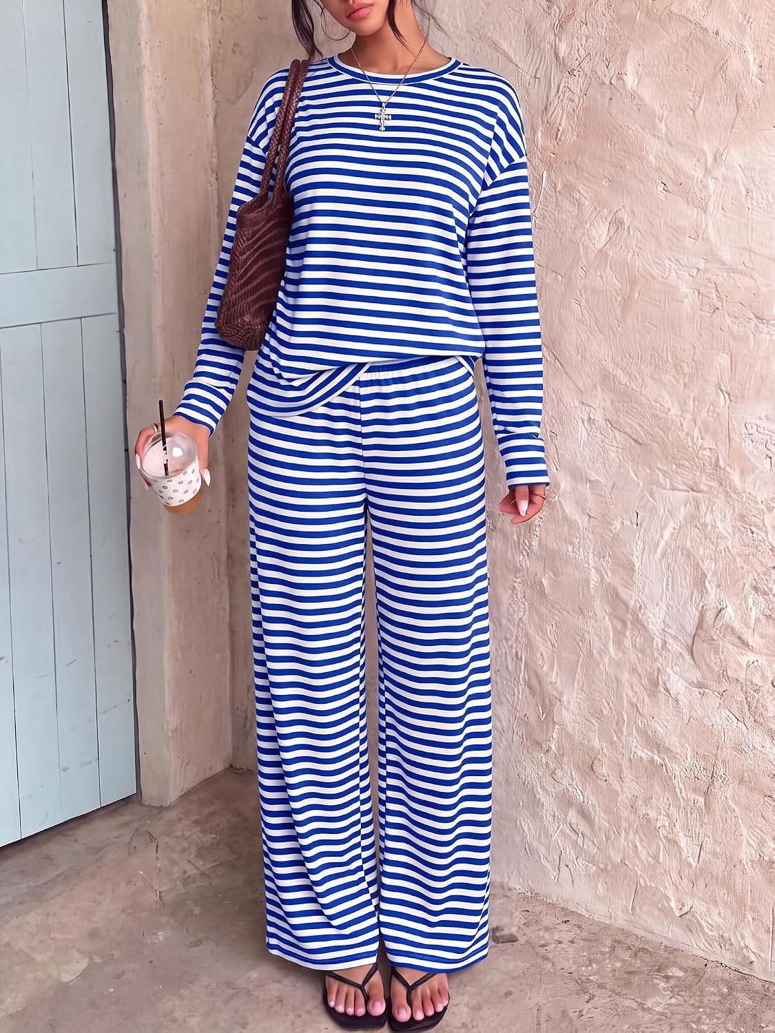 image:imageBTFBM Striped Lounge Set Women 2 Piece Outfit TracksuitWhite Blue