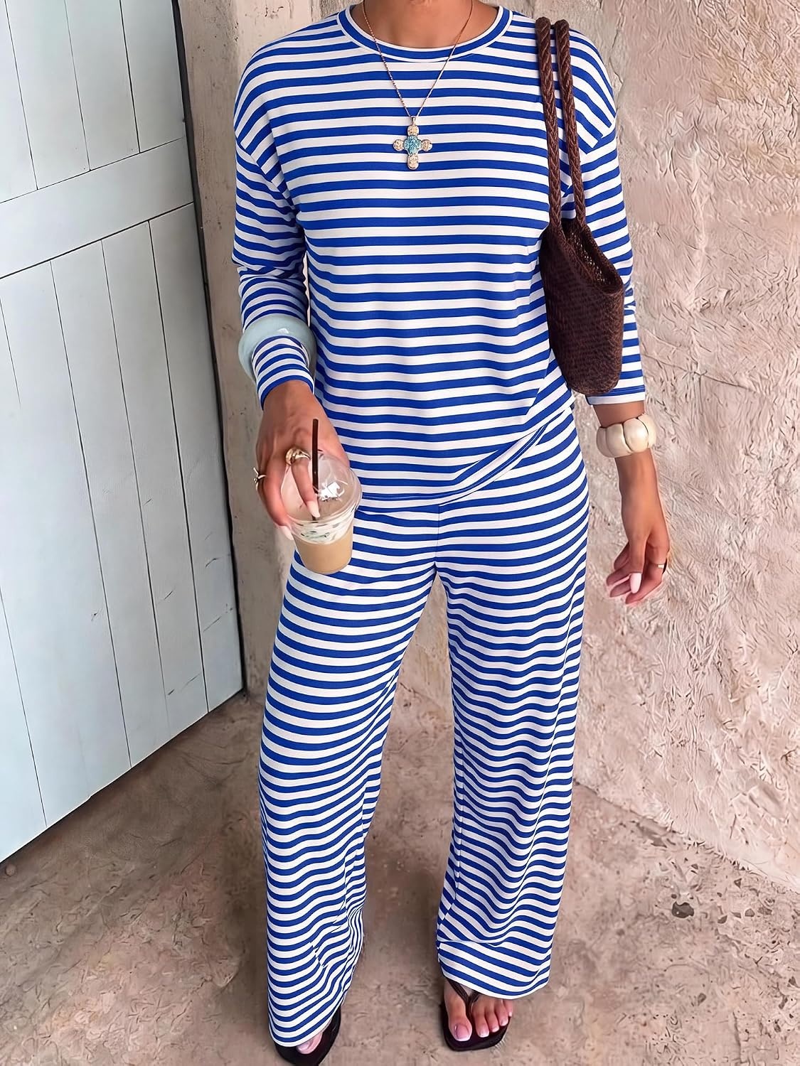 image:imageBTFBM Striped Lounge Set Women 2 Piece Outfit TracksuitWhite Blue