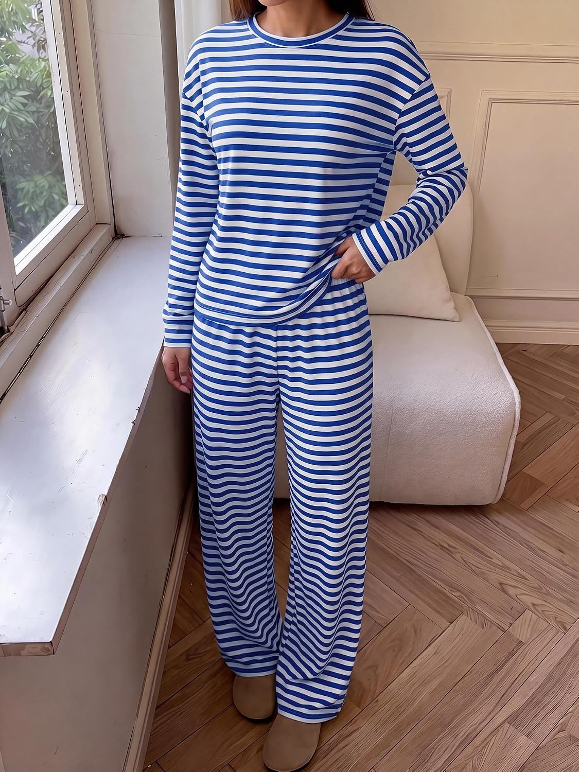 image:imageBTFBM Striped Lounge Set Women 2 Piece Outfit TracksuitWhite Blue