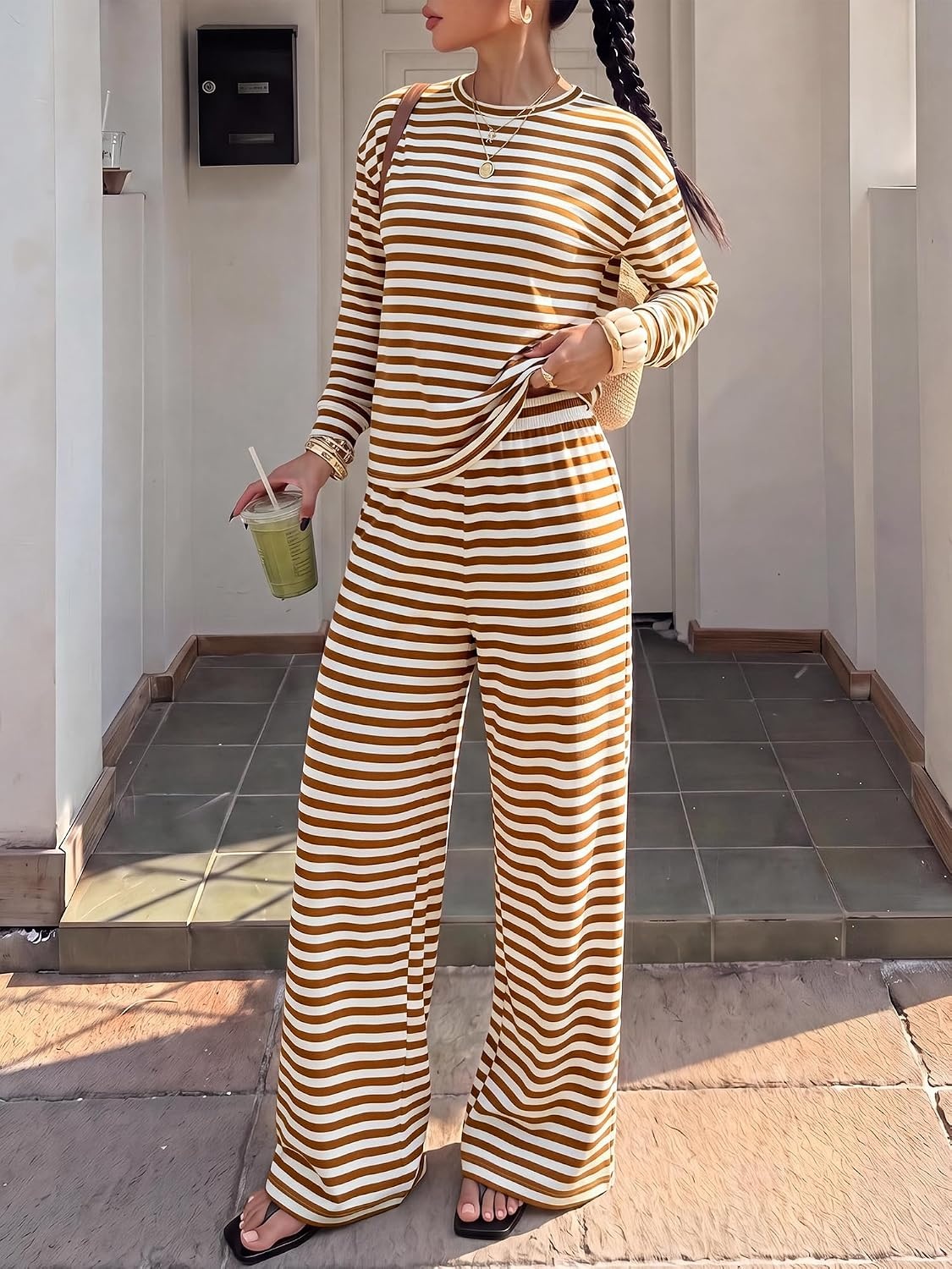 image:imageBTFBM Striped Lounge Set Women 2 Piece Outfit TracksuitWhite Brown