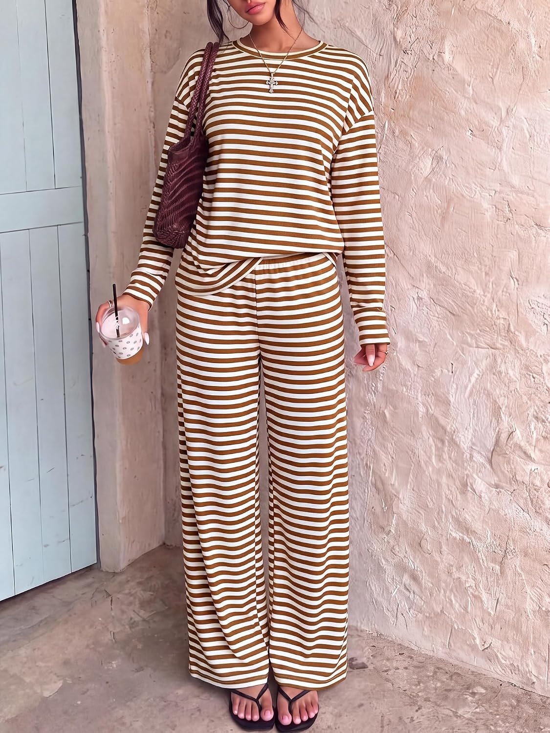 image:imageBTFBM Striped Lounge Set Women 2 Piece Outfit TracksuitWhite Brown