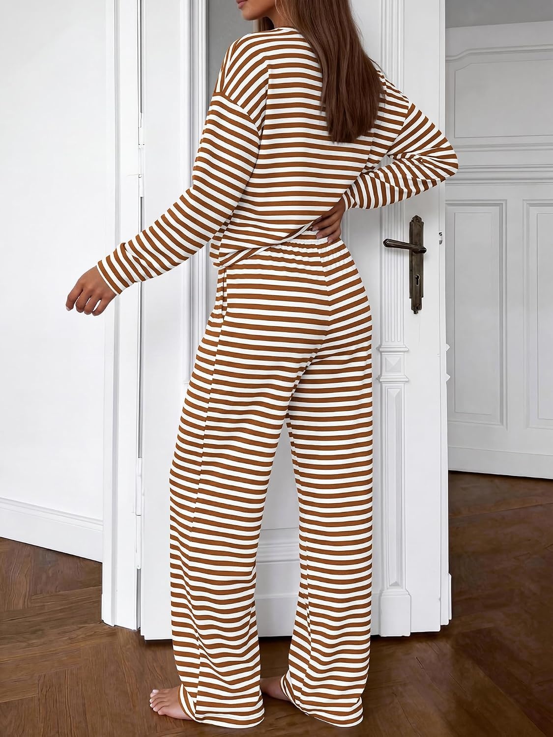image:imageBTFBM Striped Lounge Set Women 2 Piece Outfit TracksuitWhite Brown
