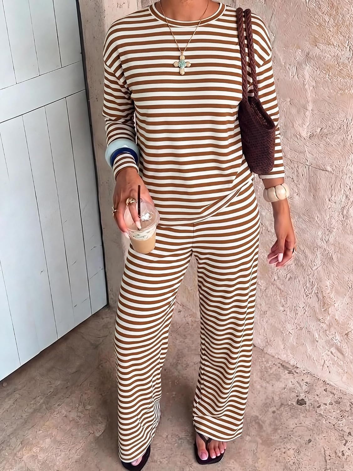 image:imageBTFBM Striped Lounge Set Women 2 Piece Outfit TracksuitWhite Brown