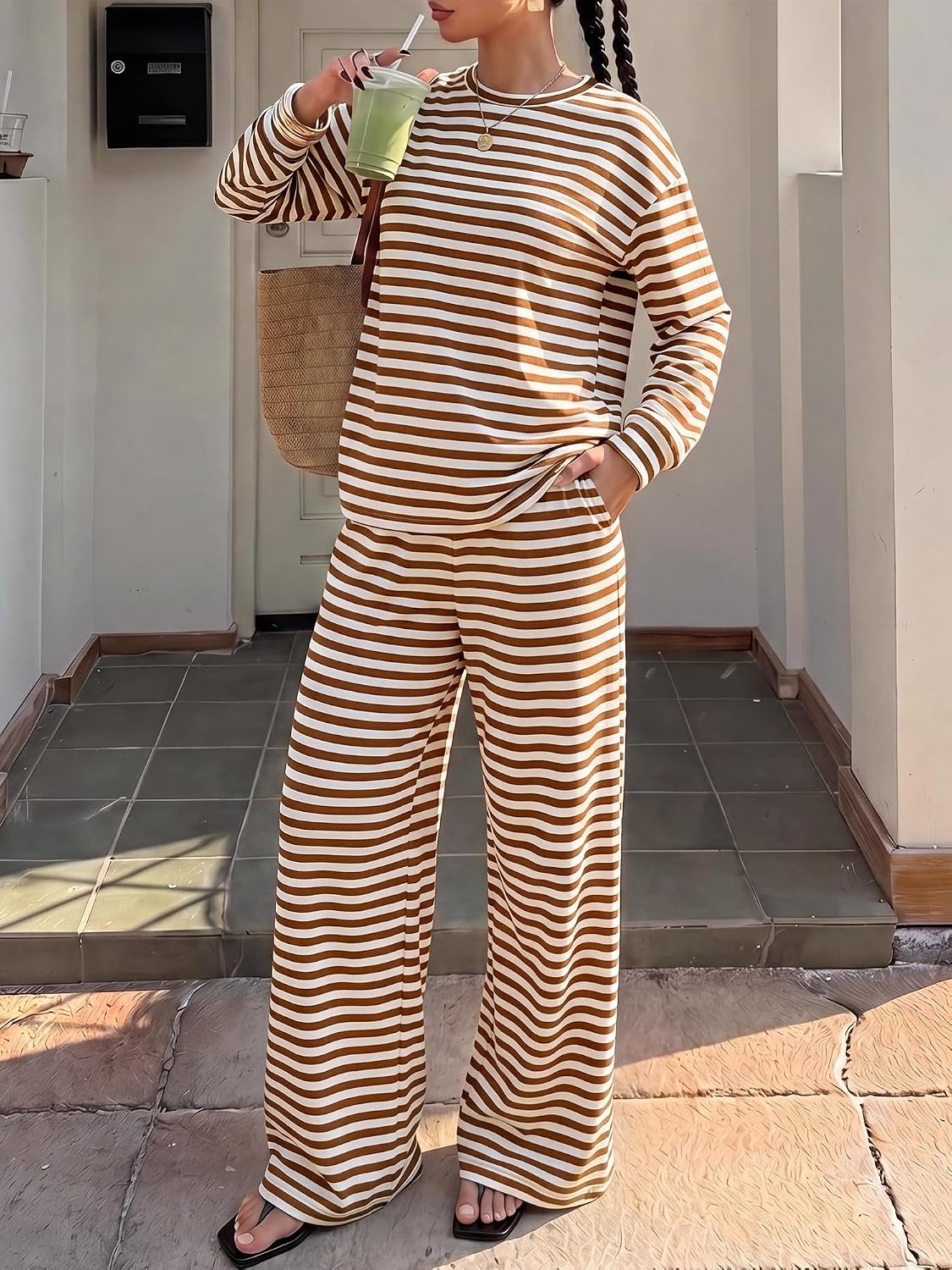 image:imageBTFBM Striped Lounge Set Women 2 Piece Outfit TracksuitWhite Brown