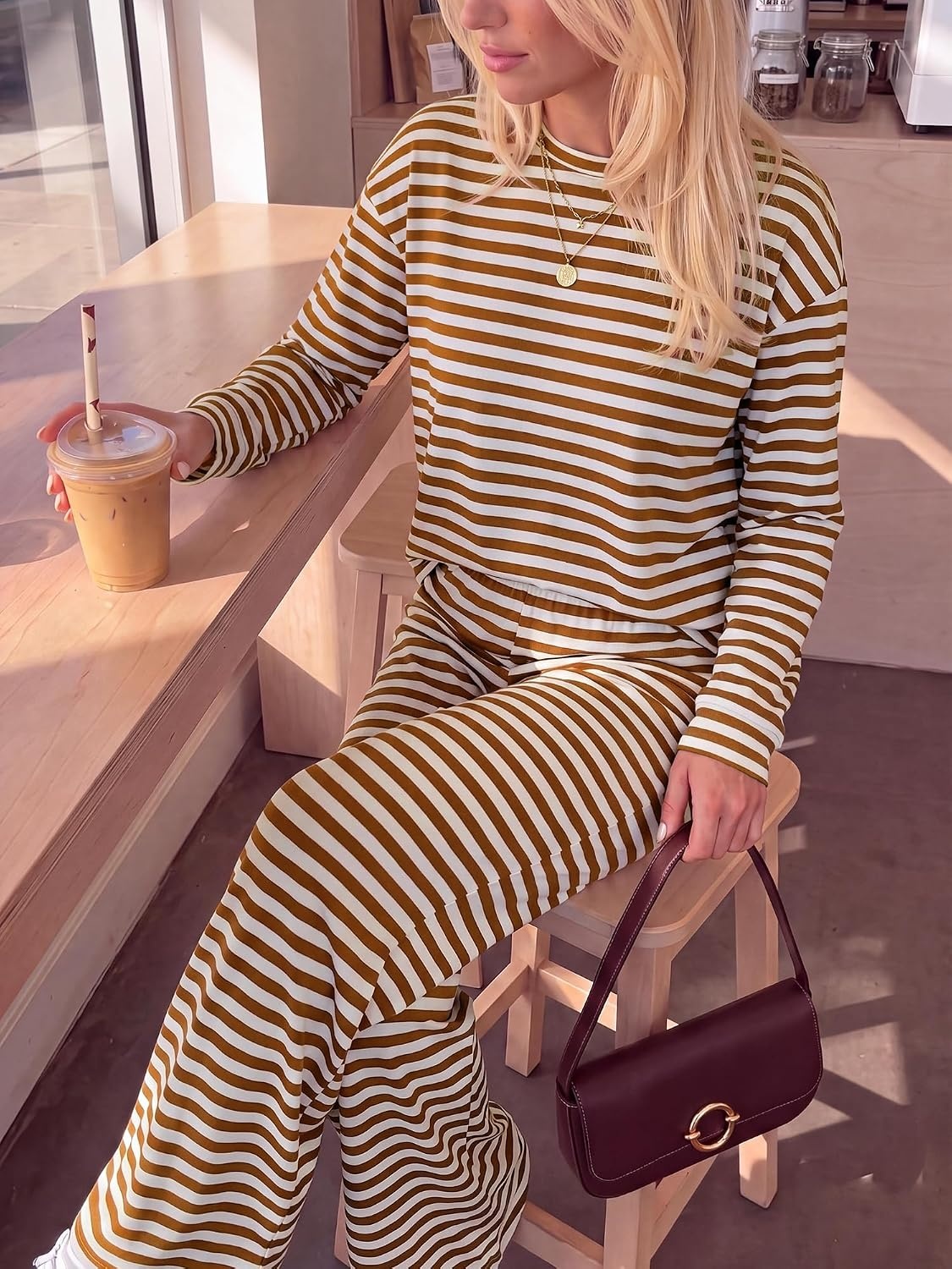 image:imageBTFBM Striped Lounge Set Women 2 Piece Outfit TracksuitWhite Brown