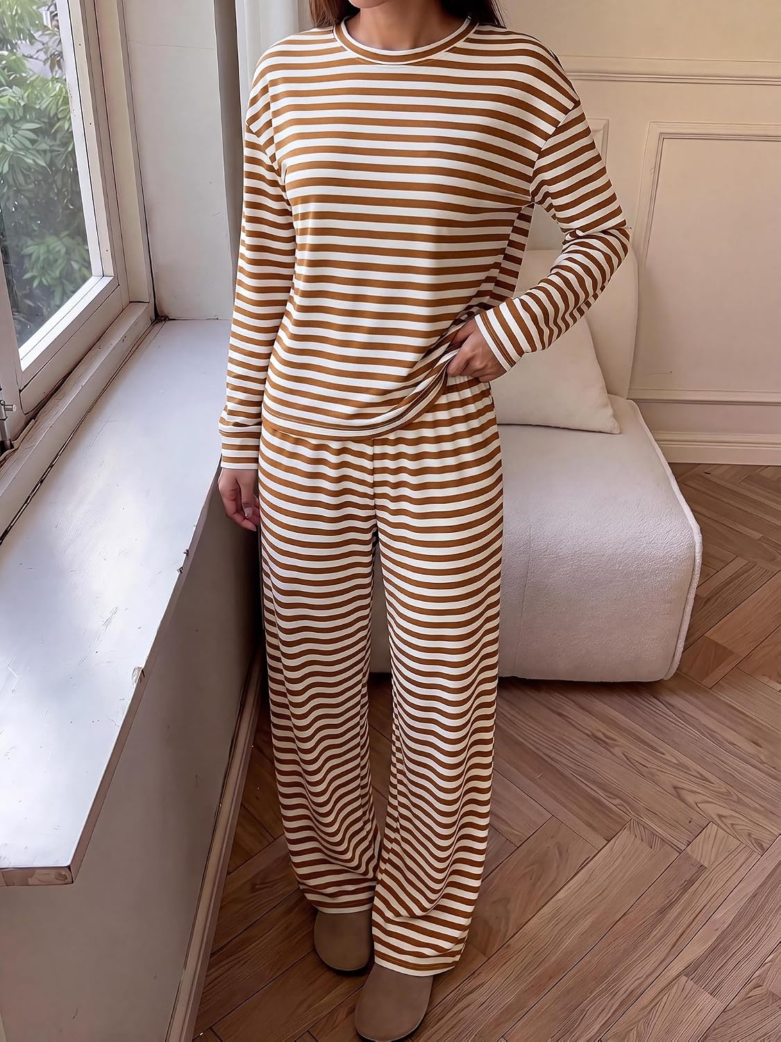 image:imageBTFBM Striped Lounge Set Women 2 Piece Outfit TracksuitWhite Brown