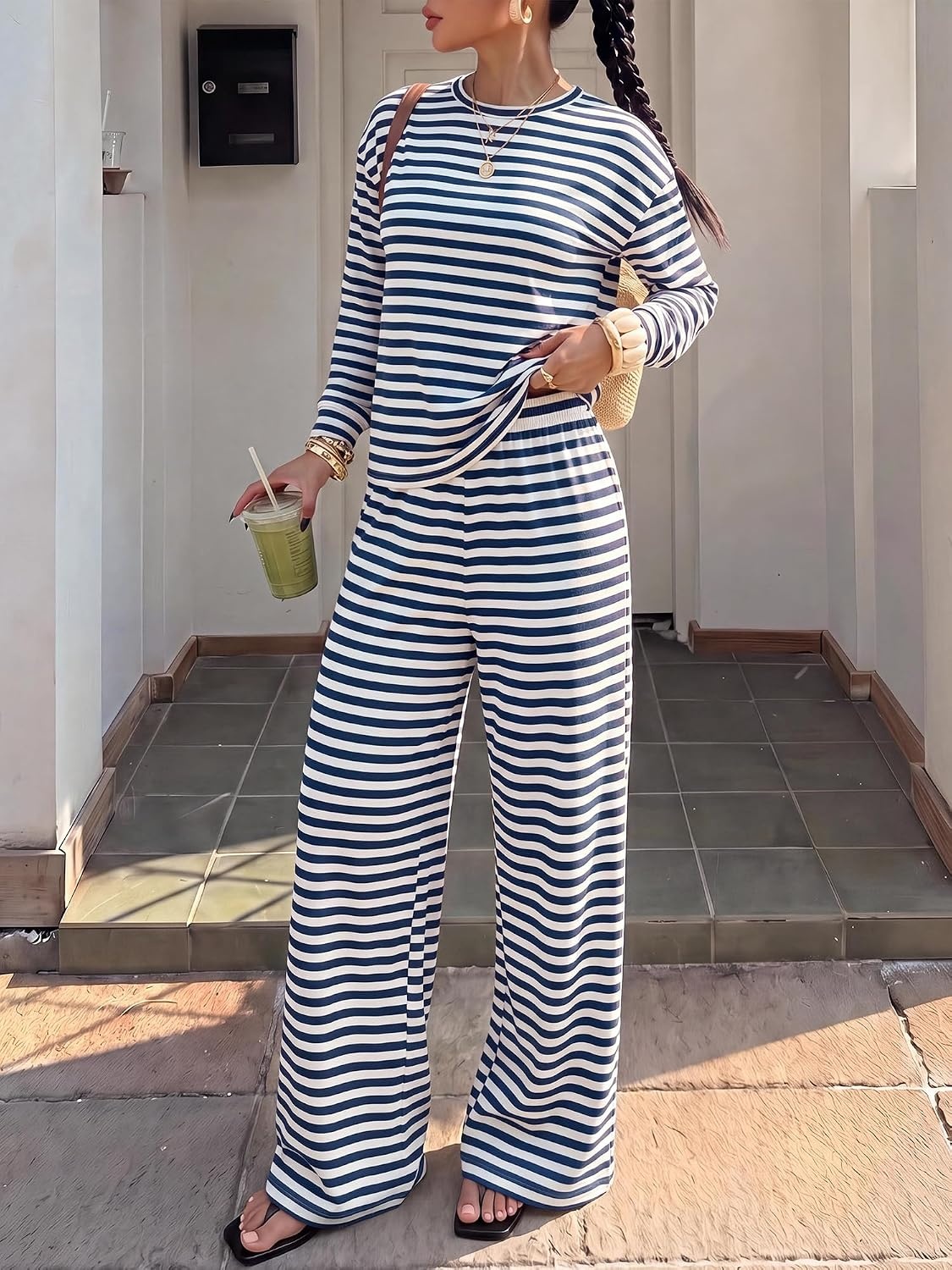 image:imageBTFBM Striped Lounge Set Women 2 Piece Outfit TracksuitWhite Navy