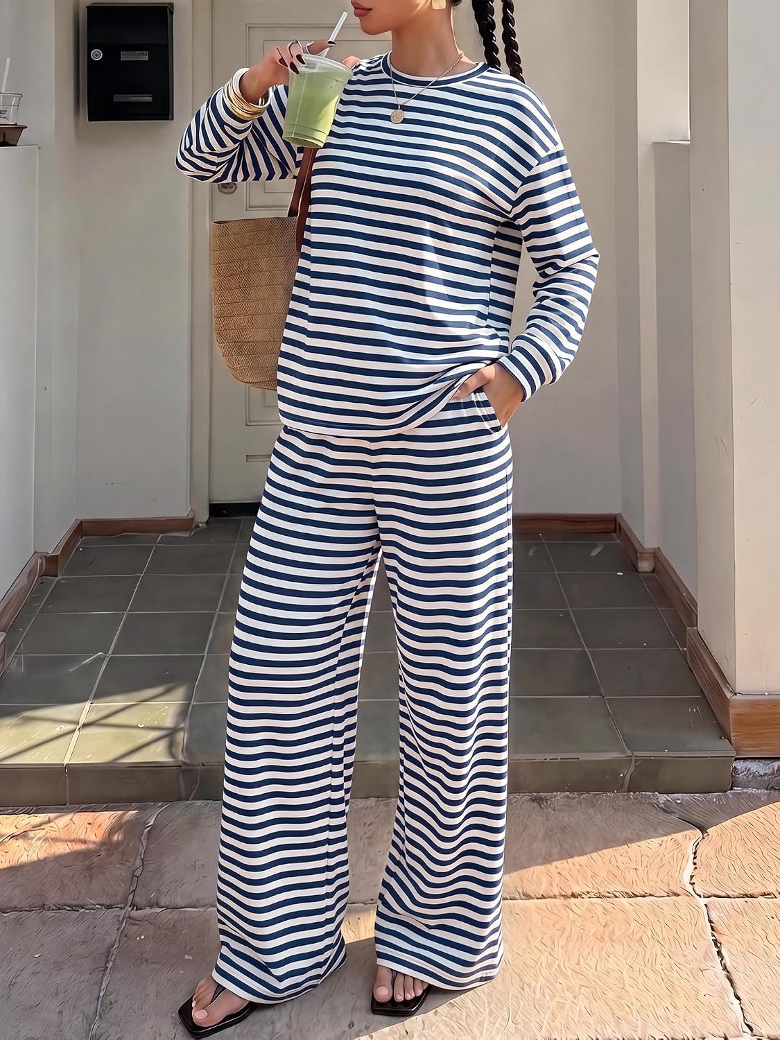 image:imageBTFBM Striped Lounge Set Women 2 Piece Outfit TracksuitWhite Navy