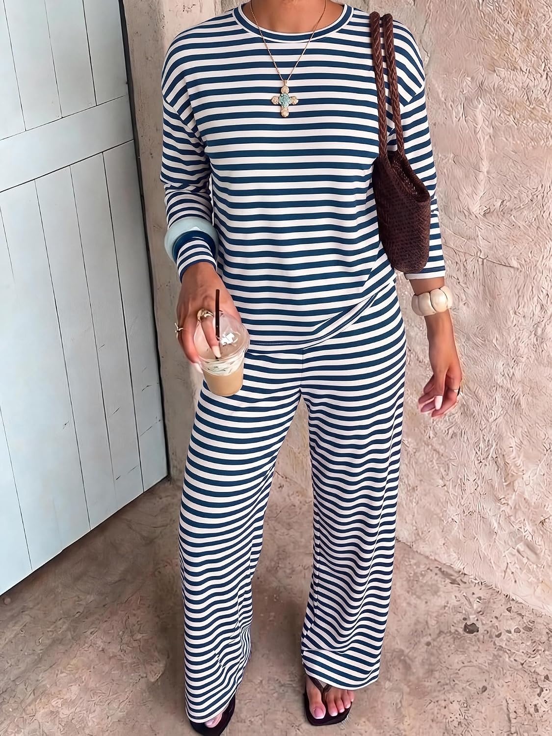 image:imageBTFBM Striped Lounge Set Women 2 Piece Outfit TracksuitWhite Navy