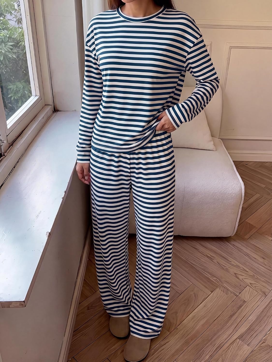 image:imageBTFBM Striped Lounge Set Women 2 Piece Outfit TracksuitWhite Navy