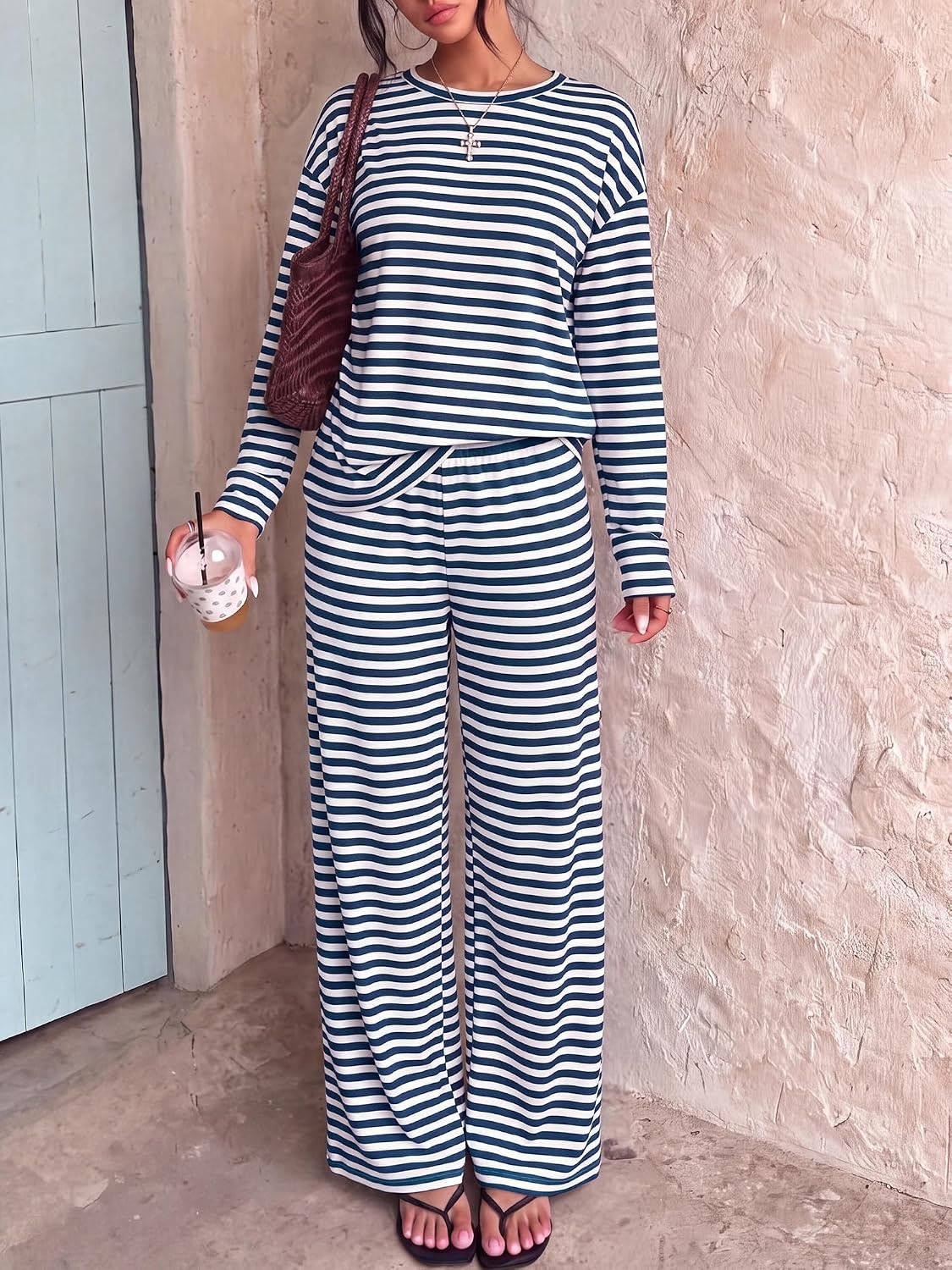image:imageBTFBM Striped Lounge Set Women 2 Piece Outfit TracksuitWhite Navy