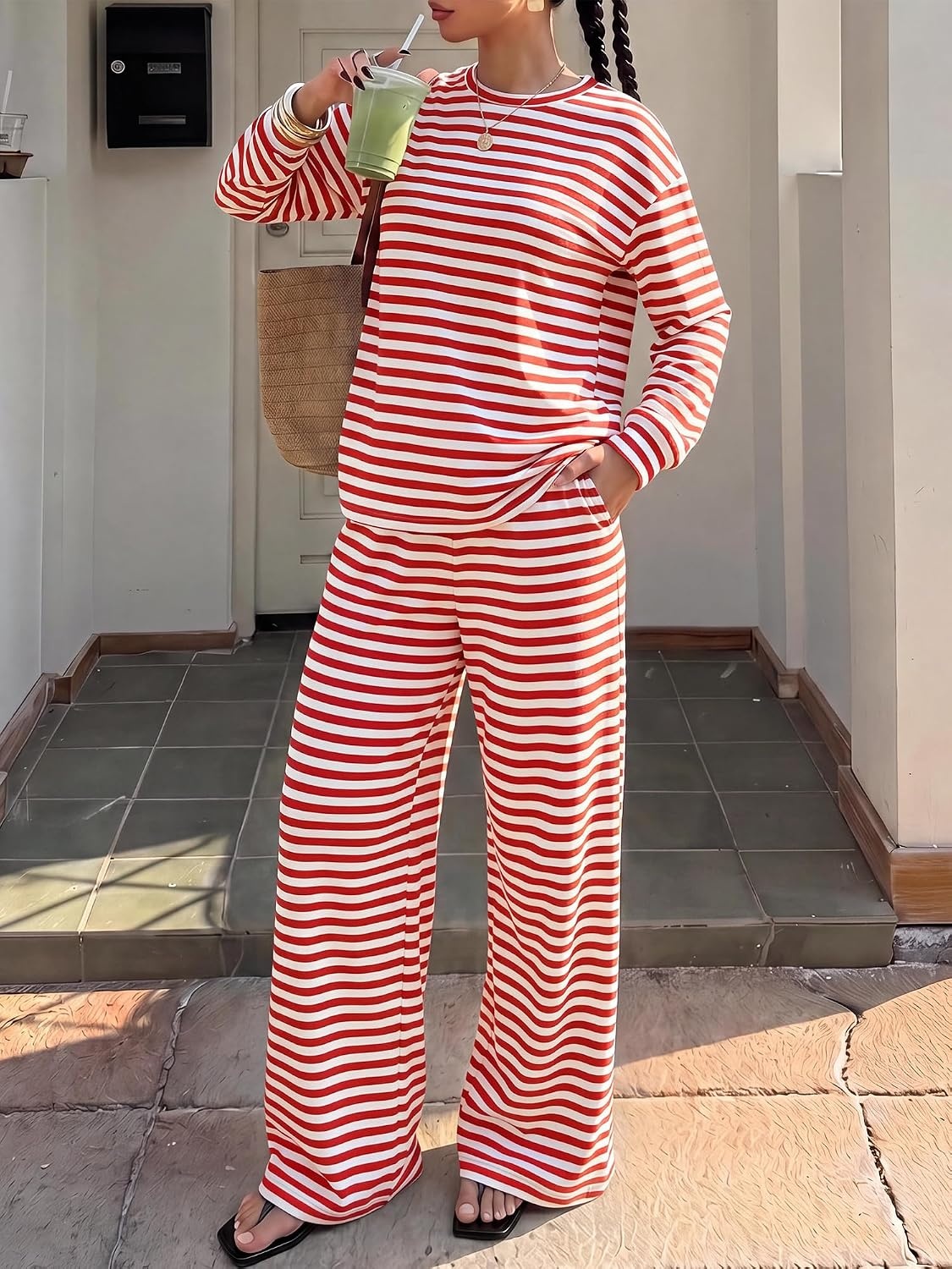 image:imageBTFBM Striped Lounge Set Women 2 Piece Outfit TracksuitWhite Red