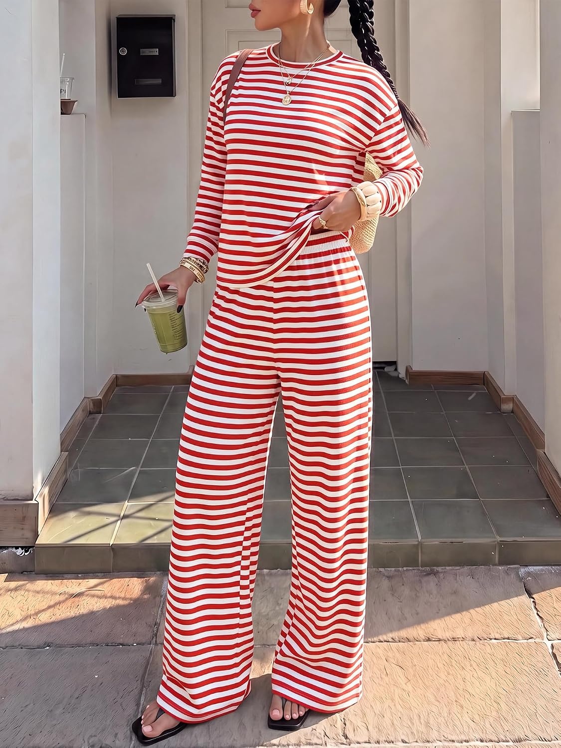 image:imageBTFBM Striped Lounge Set Women 2 Piece Outfit TracksuitWhite Red