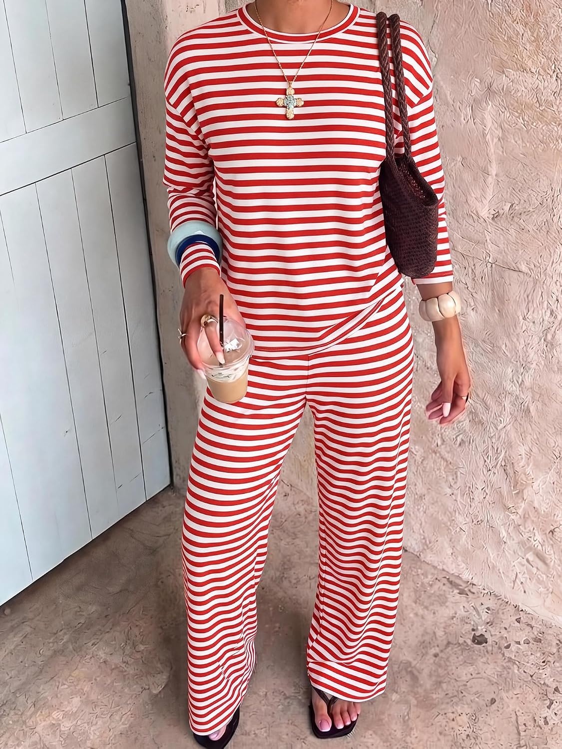 image:imageBTFBM Striped Lounge Set Women 2 Piece Outfit TracksuitWhite Red