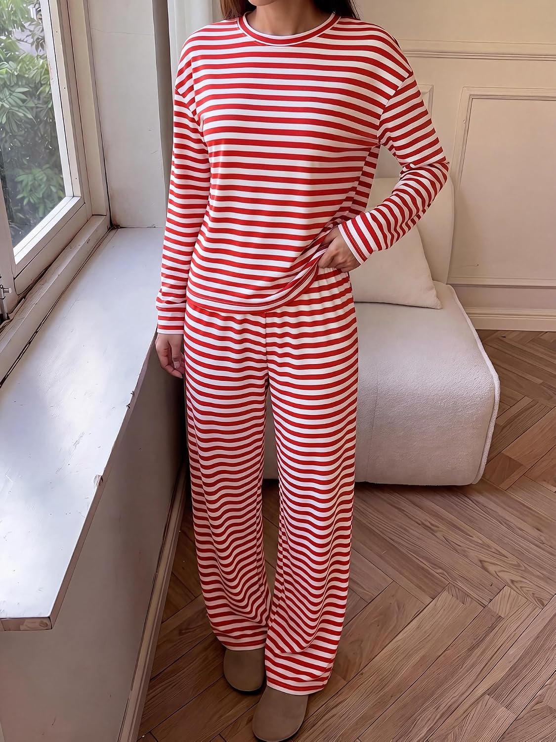 image:imageBTFBM Striped Lounge Set Women 2 Piece Outfit TracksuitWhite Red