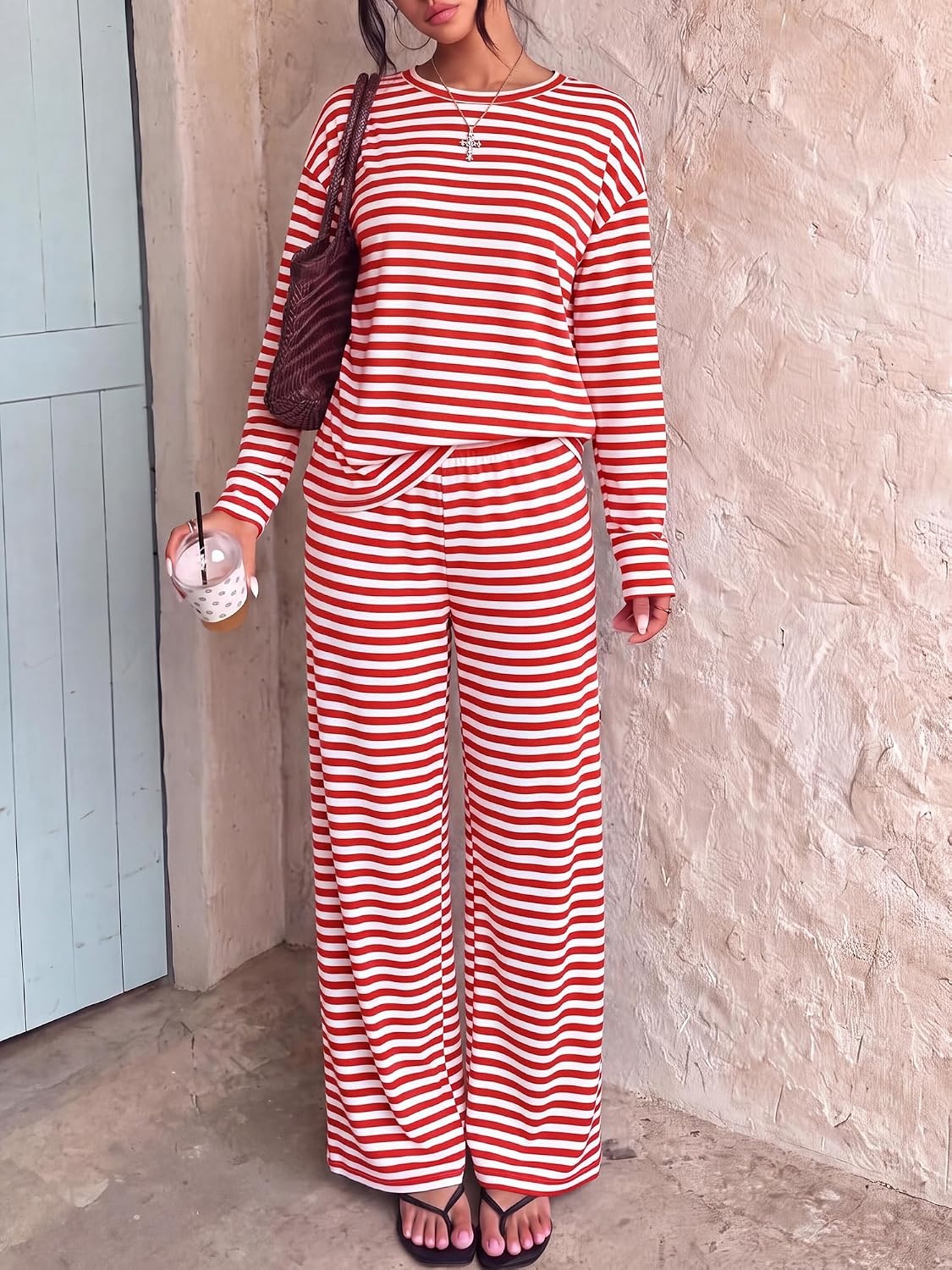 image:imageBTFBM Striped Lounge Set Women 2 Piece Outfit TracksuitWhite Red