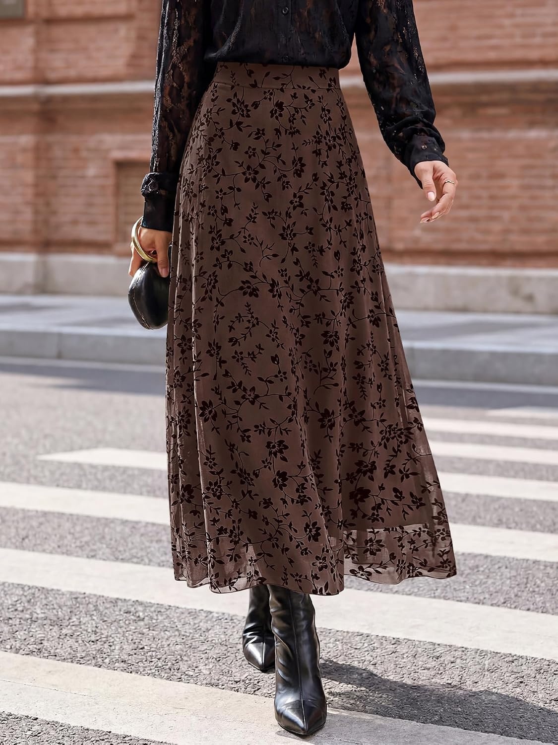 image:imageBTFBM Womens Floral Mesh Maxi Skirts Long Tulle SkirtBrown