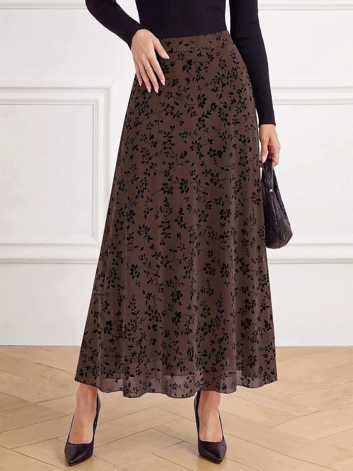 image:imageBTFBM Womens Floral Mesh Maxi Skirts Long Tulle SkirtBrown