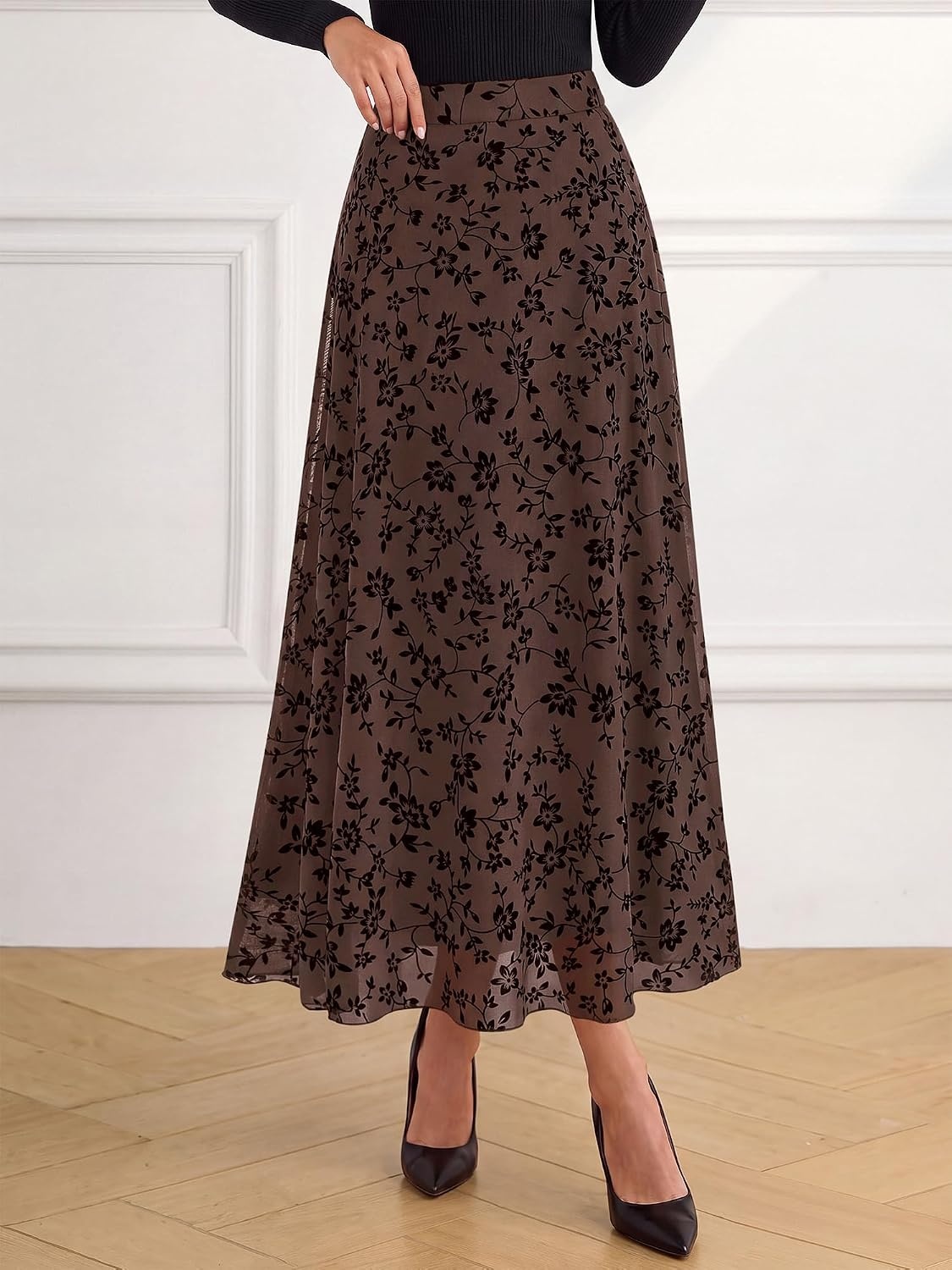 image:imageBTFBM Womens Floral Mesh Maxi Skirts Long Tulle SkirtBrown