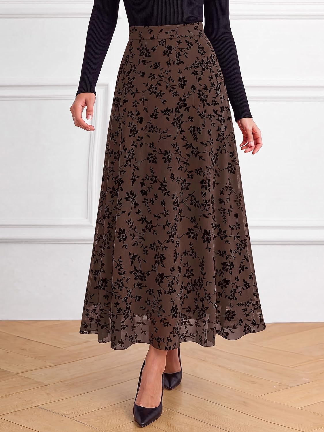 image:imageBTFBM Womens Floral Mesh Maxi Skirts Long Tulle SkirtBrown
