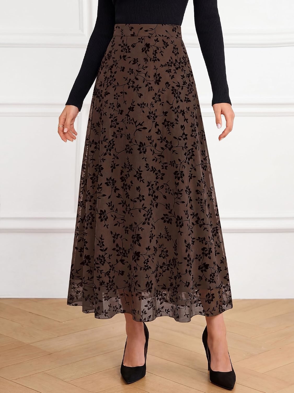 image:imageBTFBM Womens Floral Mesh Maxi Skirts Long Tulle SkirtBrown