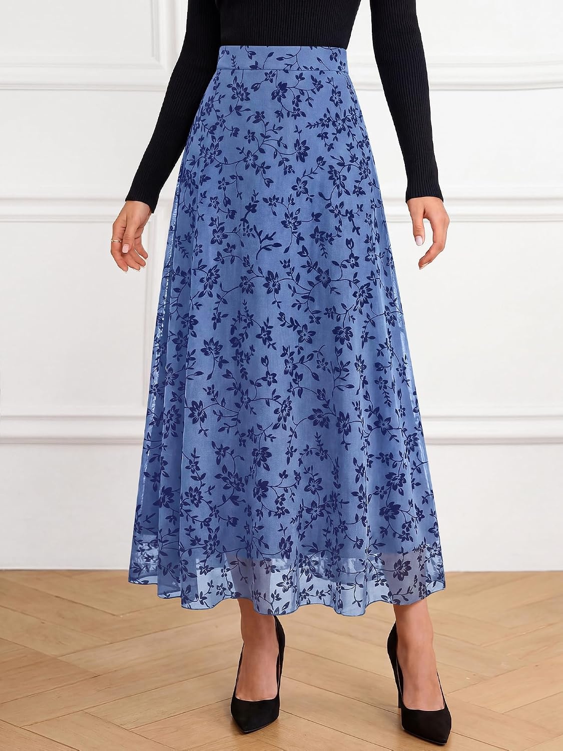 image:imageBTFBM Womens Floral Mesh Maxi Skirts Long Tulle SkirtDusty Blue