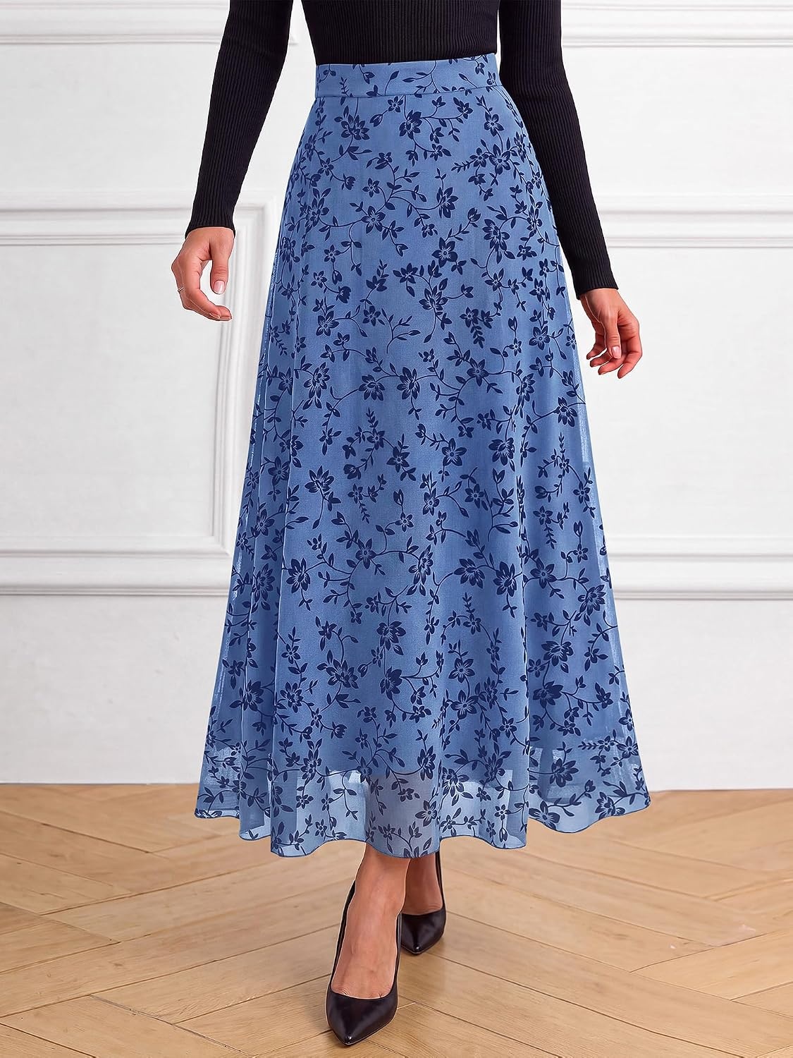 image:imageBTFBM Womens Floral Mesh Maxi Skirts Long Tulle SkirtDusty Blue