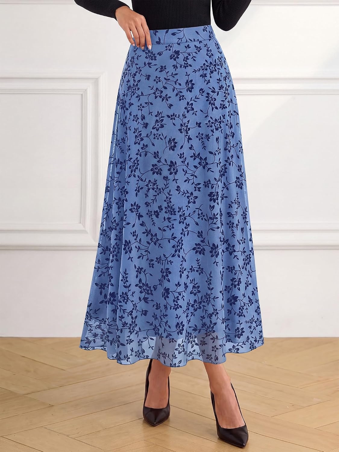 image:imageBTFBM Womens Floral Mesh Maxi Skirts Long Tulle SkirtDusty Blue