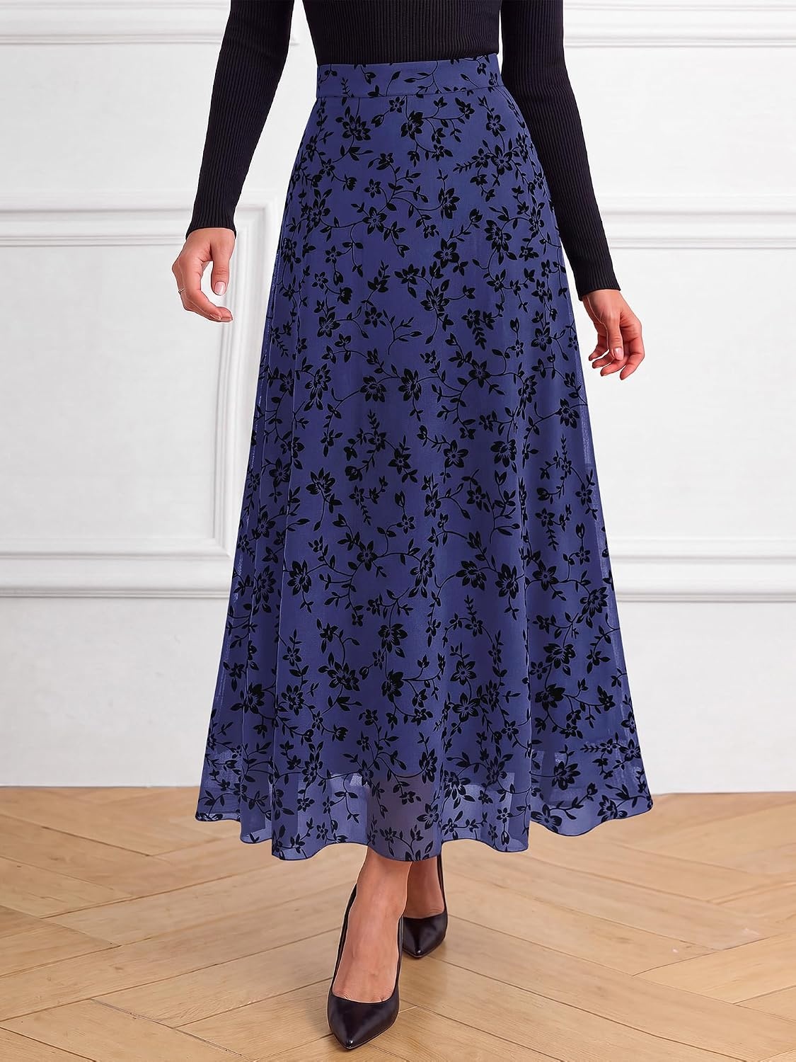 image:imageBTFBM Womens Floral Mesh Maxi Skirts Long Tulle SkirtNavy Blue