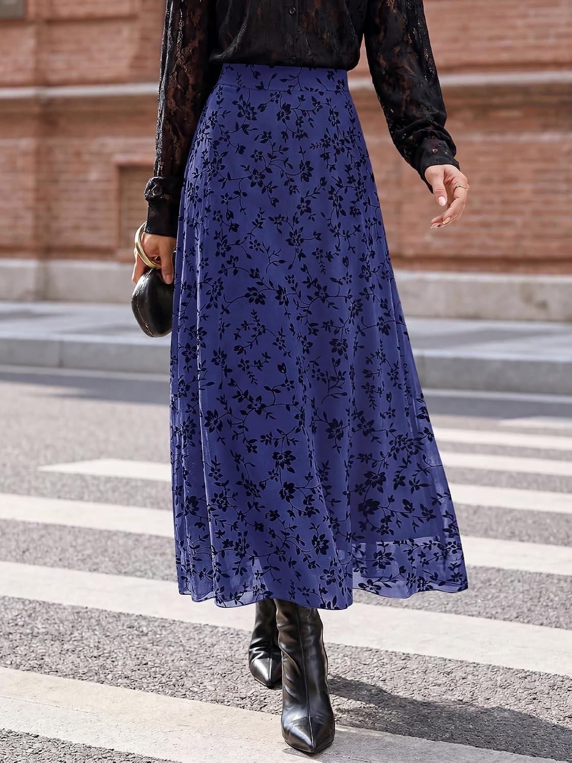 image:imageBTFBM Womens Floral Mesh Maxi Skirts Long Tulle SkirtNavy Blue