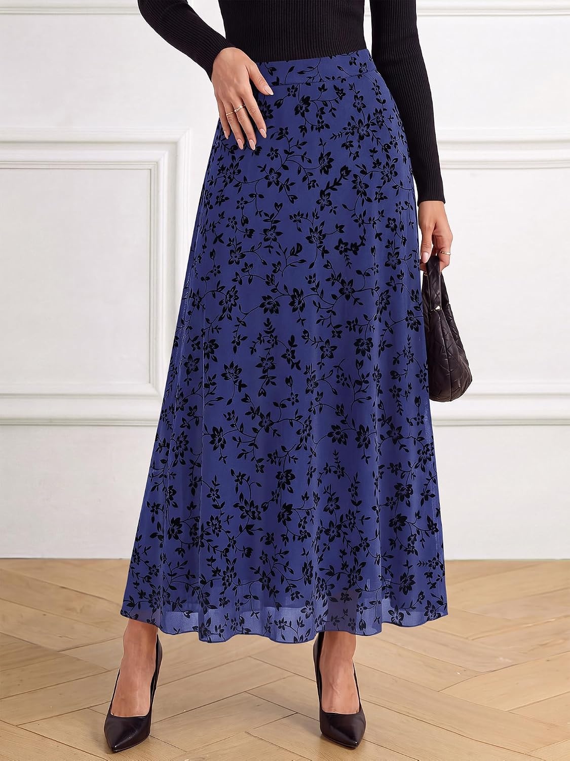 image:imageBTFBM Womens Floral Mesh Maxi Skirts Long Tulle SkirtNavy Blue