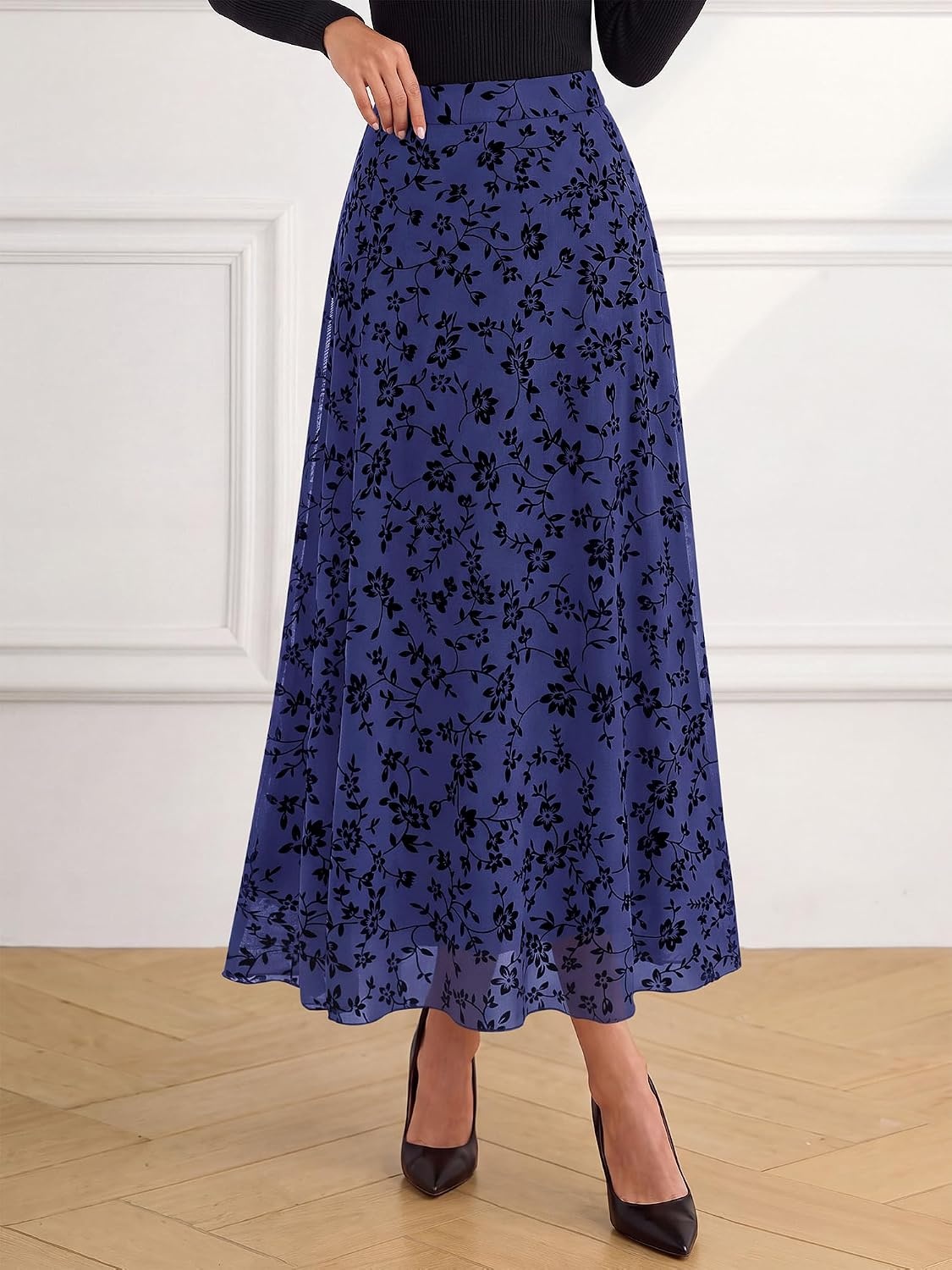 image:imageBTFBM Womens Floral Mesh Maxi Skirts Long Tulle SkirtNavy Blue
