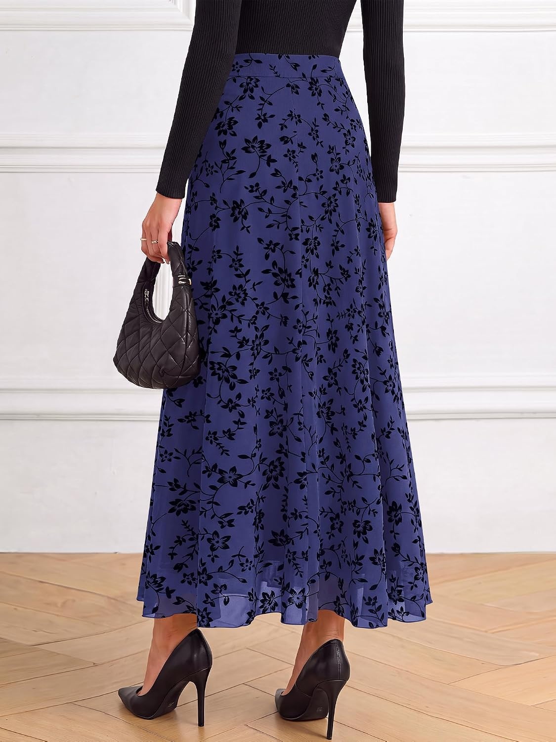 image:imageBTFBM Womens Floral Mesh Maxi Skirts Long Tulle SkirtNavy Blue