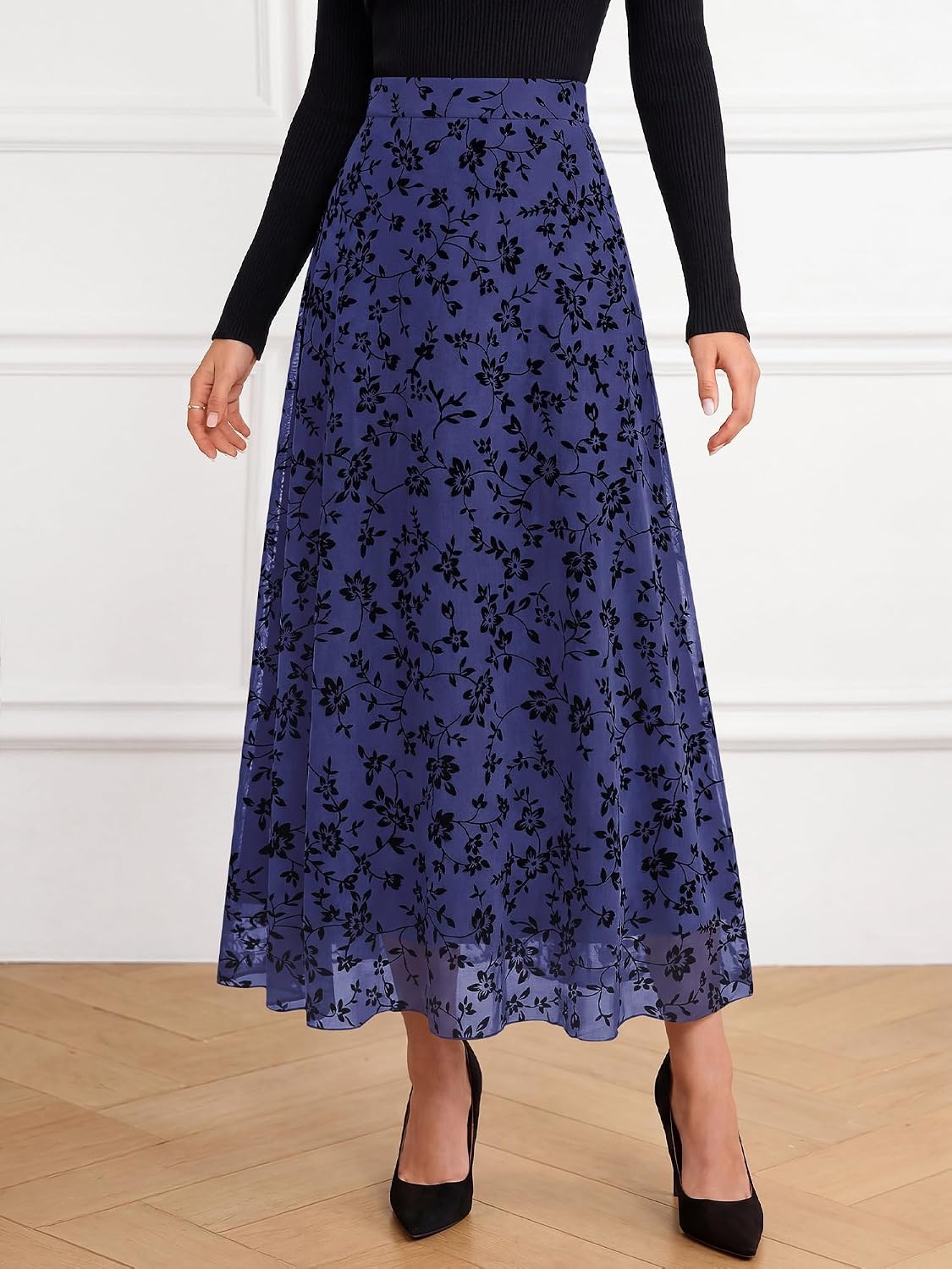 image:imageBTFBM Womens Floral Mesh Maxi Skirts Long Tulle SkirtNavy Blue