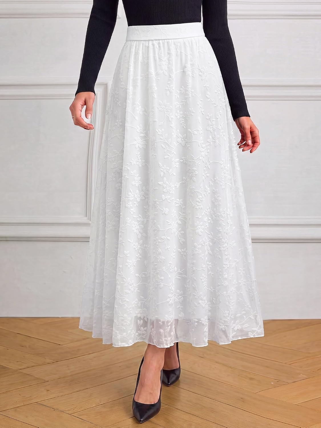 image:imageBTFBM Womens Floral Mesh Maxi Skirts Long Tulle SkirtWhite