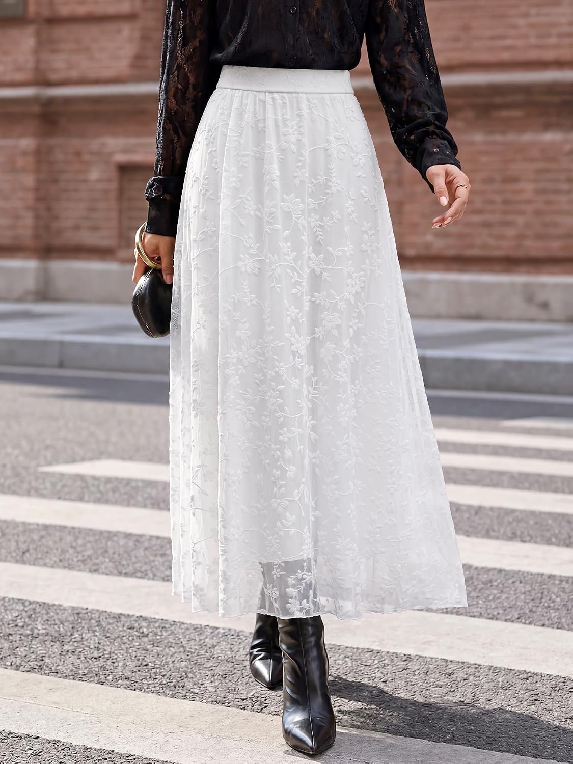 image:imageBTFBM Womens Floral Mesh Maxi Skirts Long Tulle SkirtWhite