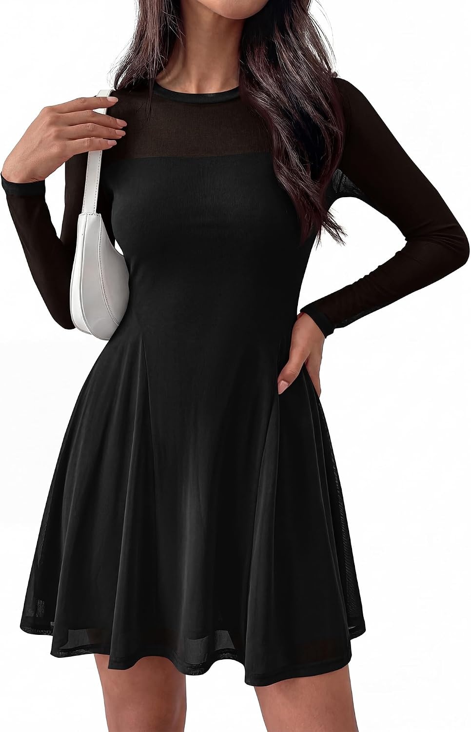 image:imageBTFBM Womens Mini Dress Sheer Mesh Long Sleeve DressesBlack