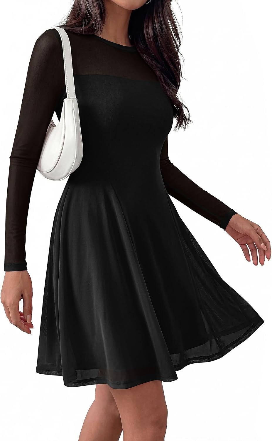 image:imageBTFBM Womens Mini Dress Sheer Mesh Long Sleeve DressesBlack