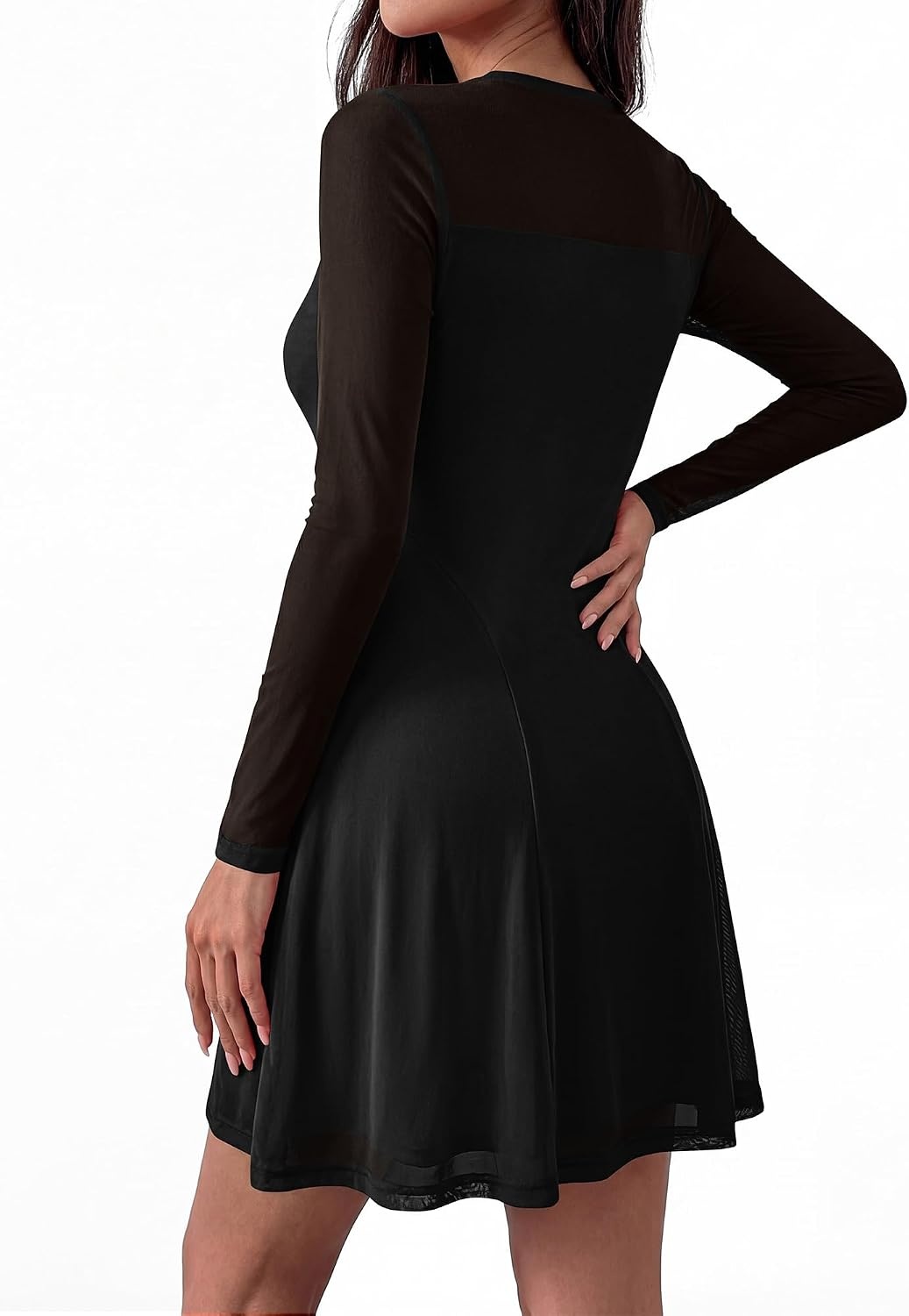 image:imageBTFBM Womens Mini Dress Sheer Mesh Long Sleeve DressesBlack