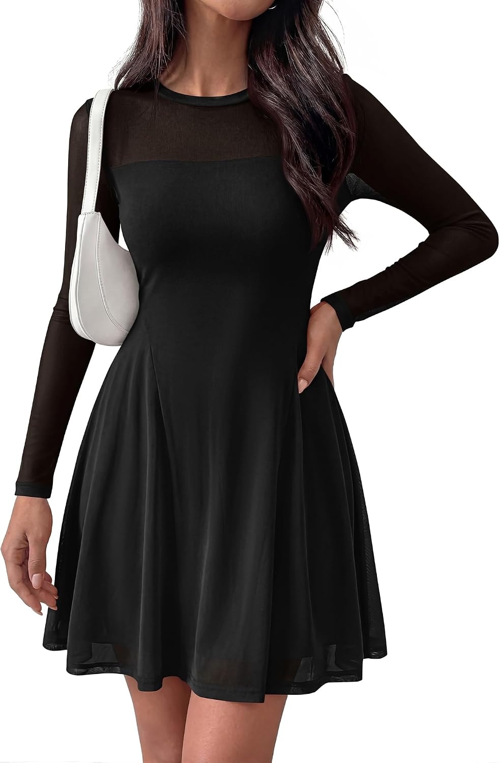 image:imageBTFBM Womens Mini Dress Sheer Mesh Long Sleeve DressesBlack