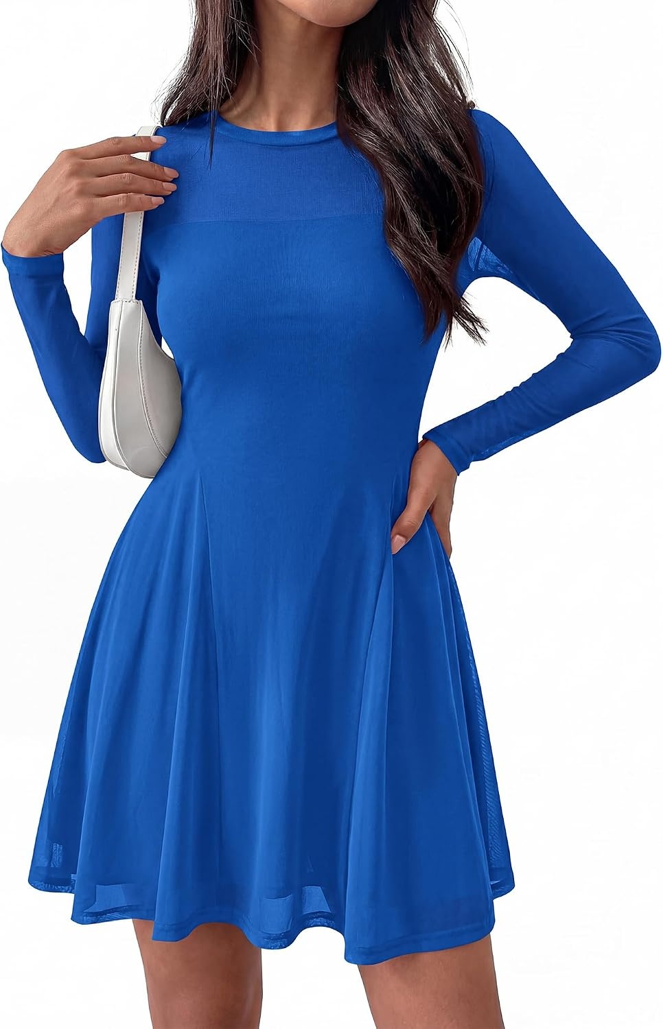 image:imageBTFBM Womens Mini Dress Sheer Mesh Long Sleeve DressesBlue