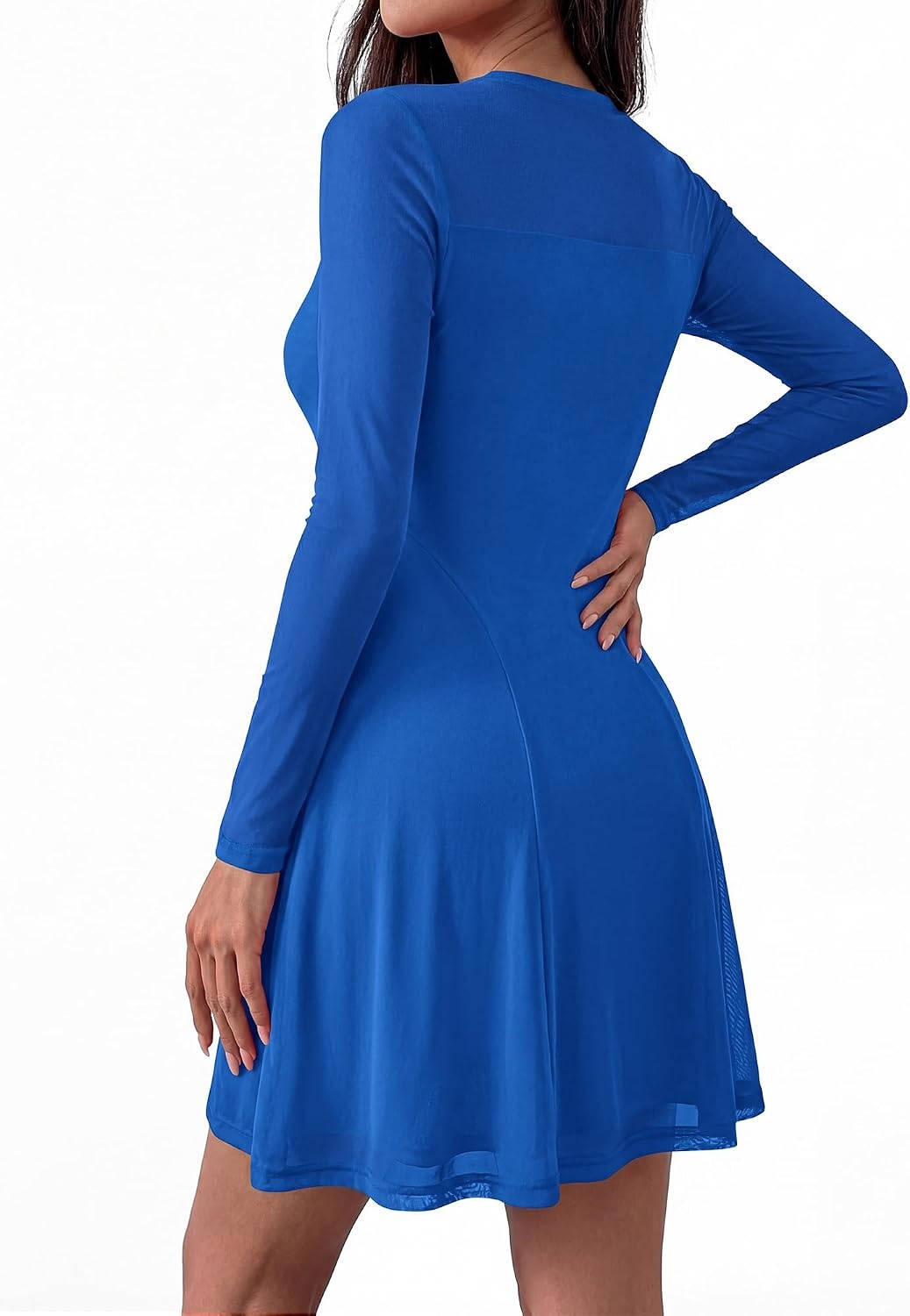 image:imageBTFBM Womens Mini Dress Sheer Mesh Long Sleeve DressesBlue