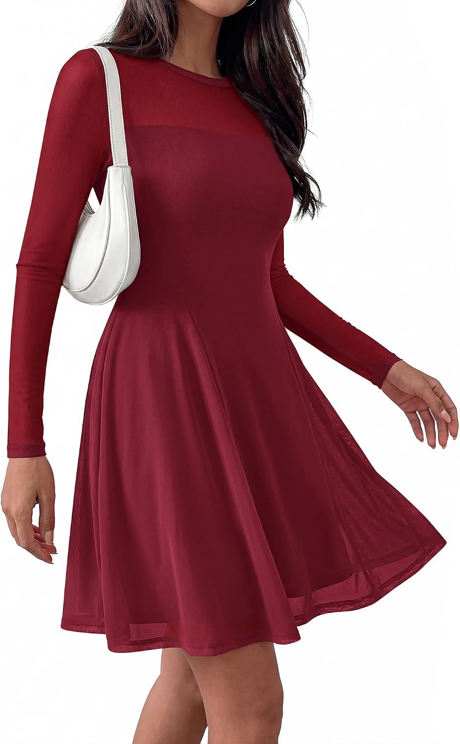 image:imageBTFBM Womens Mini Dress Sheer Mesh Long Sleeve DressesBurgundy