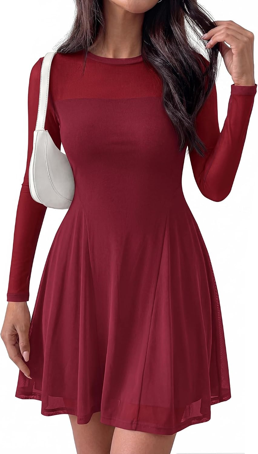 image:imageBTFBM Womens Mini Dress Sheer Mesh Long Sleeve DressesBurgundy