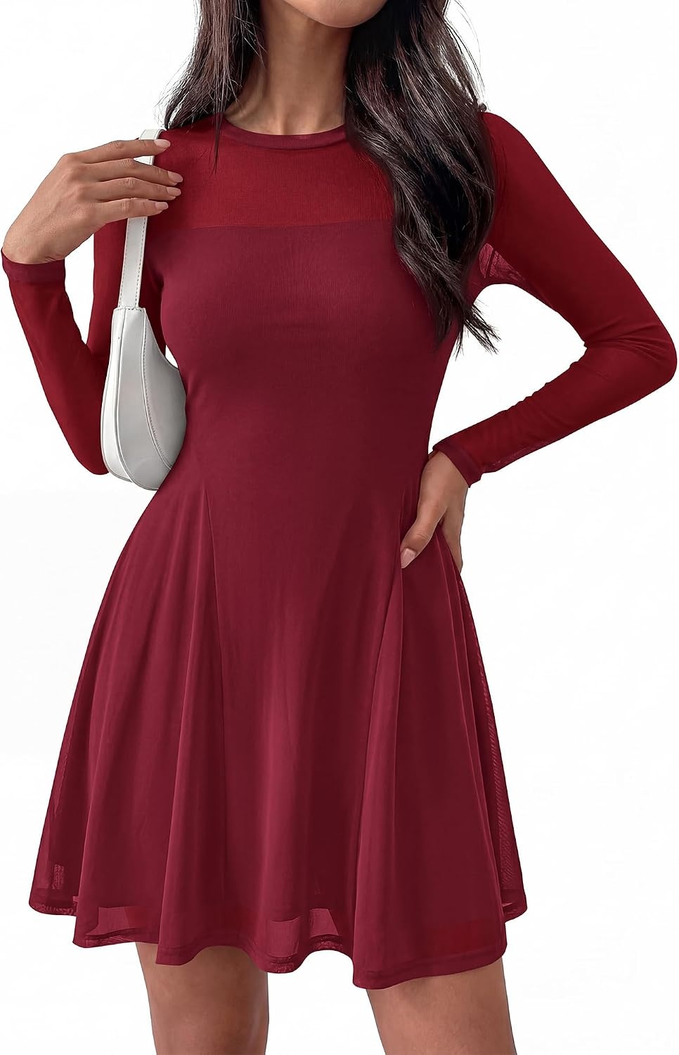 image:imageBTFBM Womens Mini Dress Sheer Mesh Long Sleeve DressesBurgundy