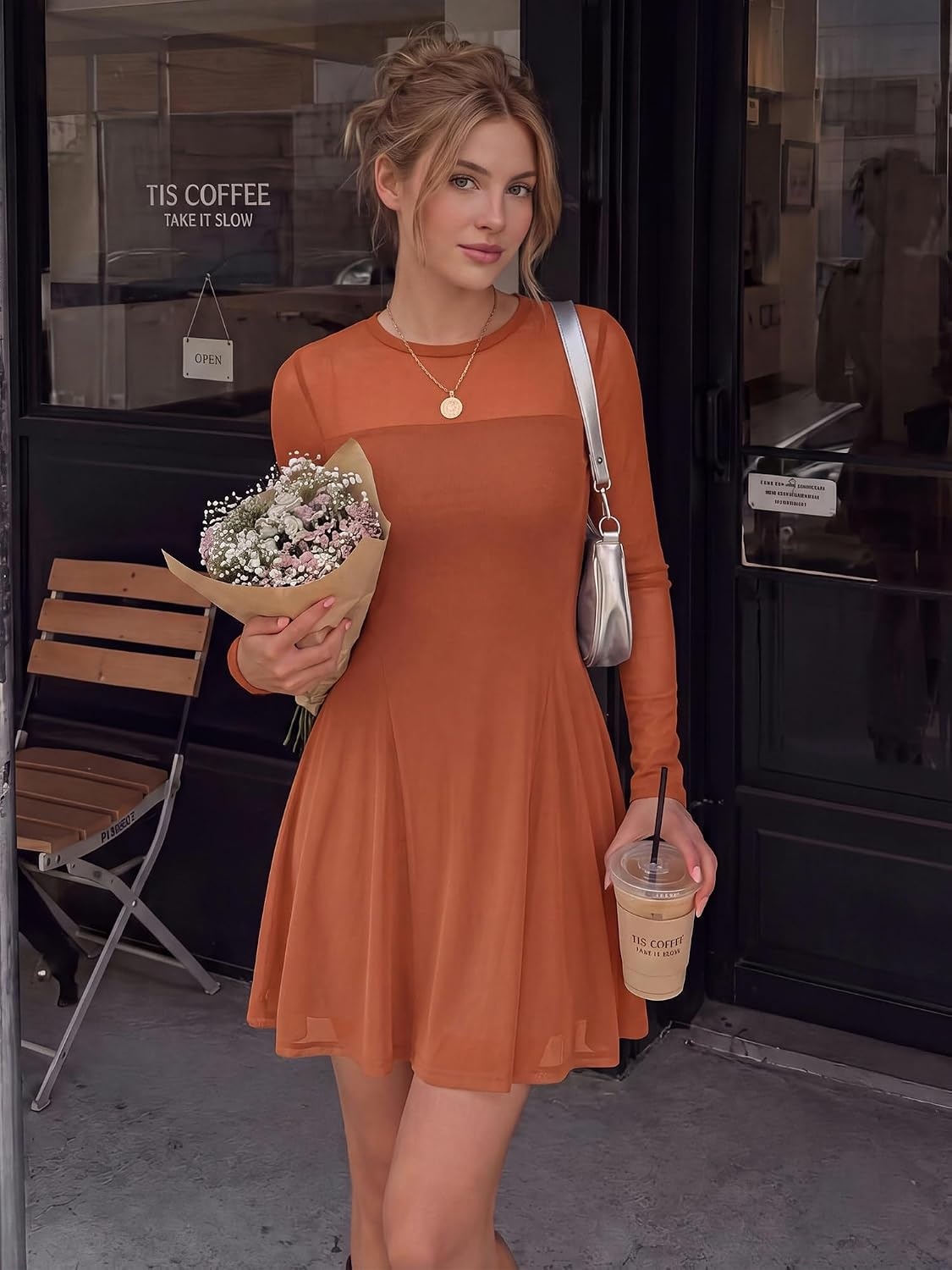 image:imageBTFBM Womens Mini Dress Sheer Mesh Long Sleeve DressesCaramel