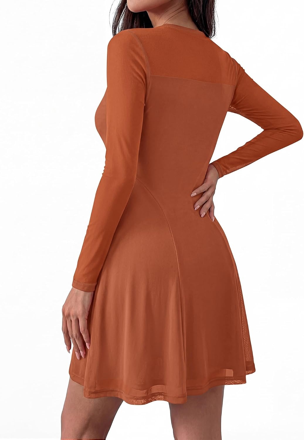 image:imageBTFBM Womens Mini Dress Sheer Mesh Long Sleeve DressesCaramel