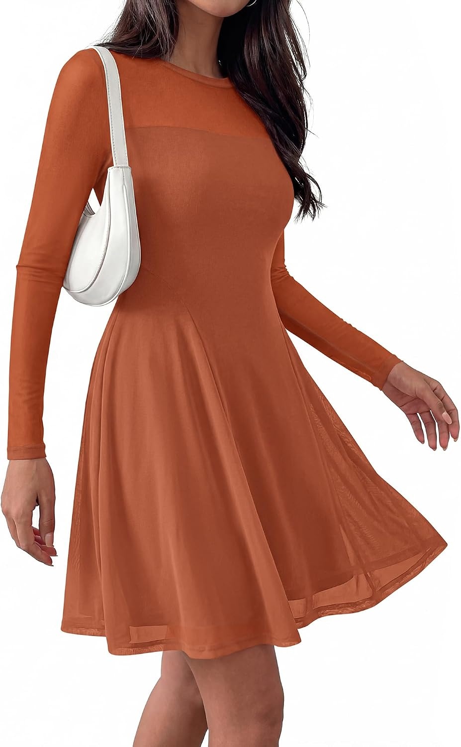 image:imageBTFBM Womens Mini Dress Sheer Mesh Long Sleeve DressesCaramel