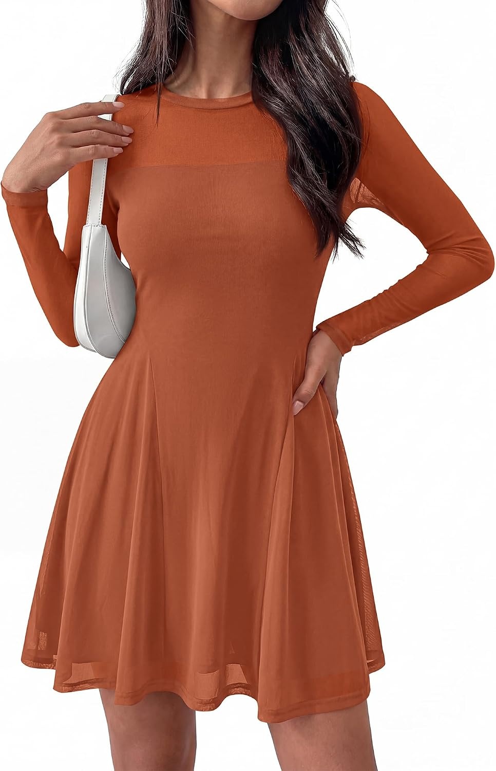 image:imageBTFBM Womens Mini Dress Sheer Mesh Long Sleeve DressesCaramel
